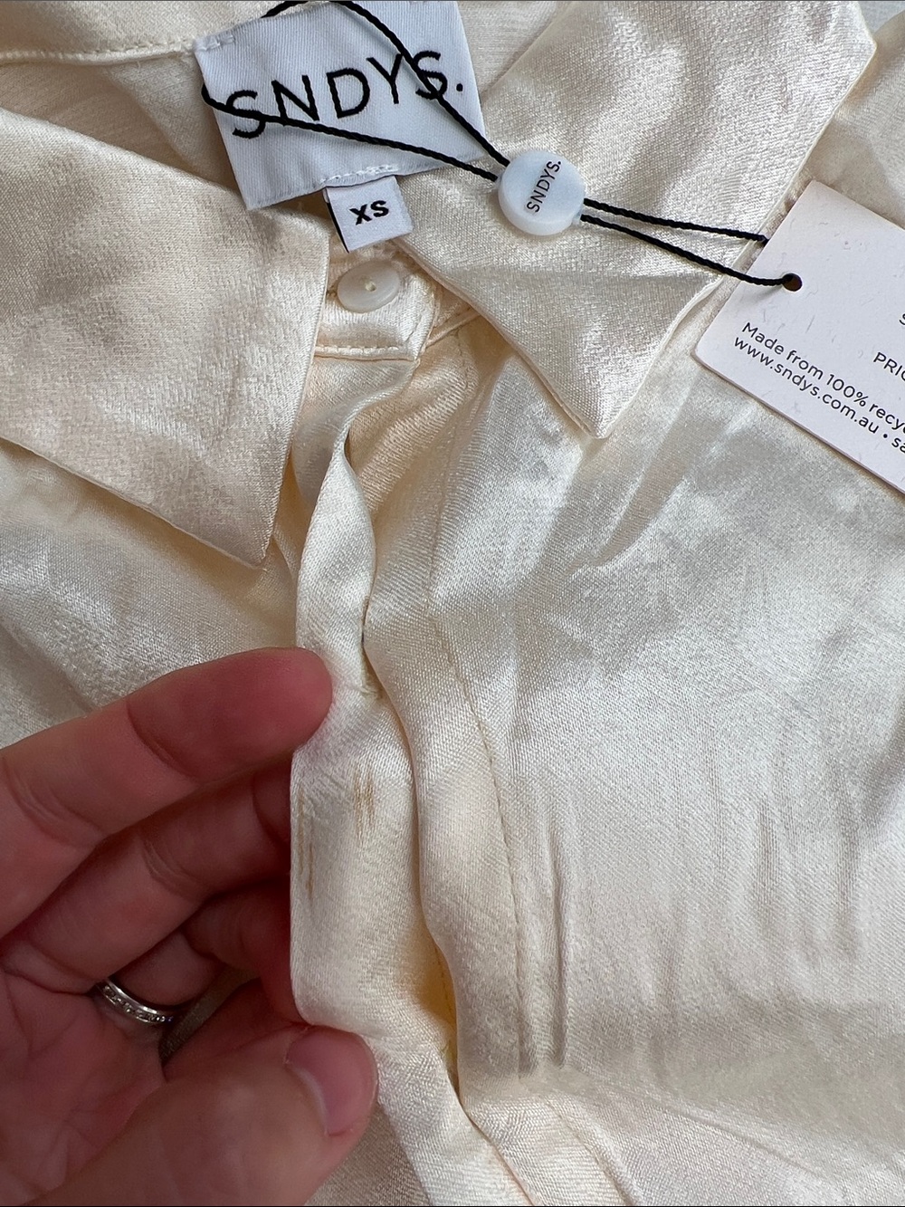 SNDYS. Revolve rising satin long sleeve shirt button down collared top champagne - Picture 7 of 11